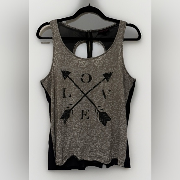 Material Girl Tops - Love Cross Arrows Sleeveless Tank Top Shirt Cut Outs Zip sheer Back Size Large